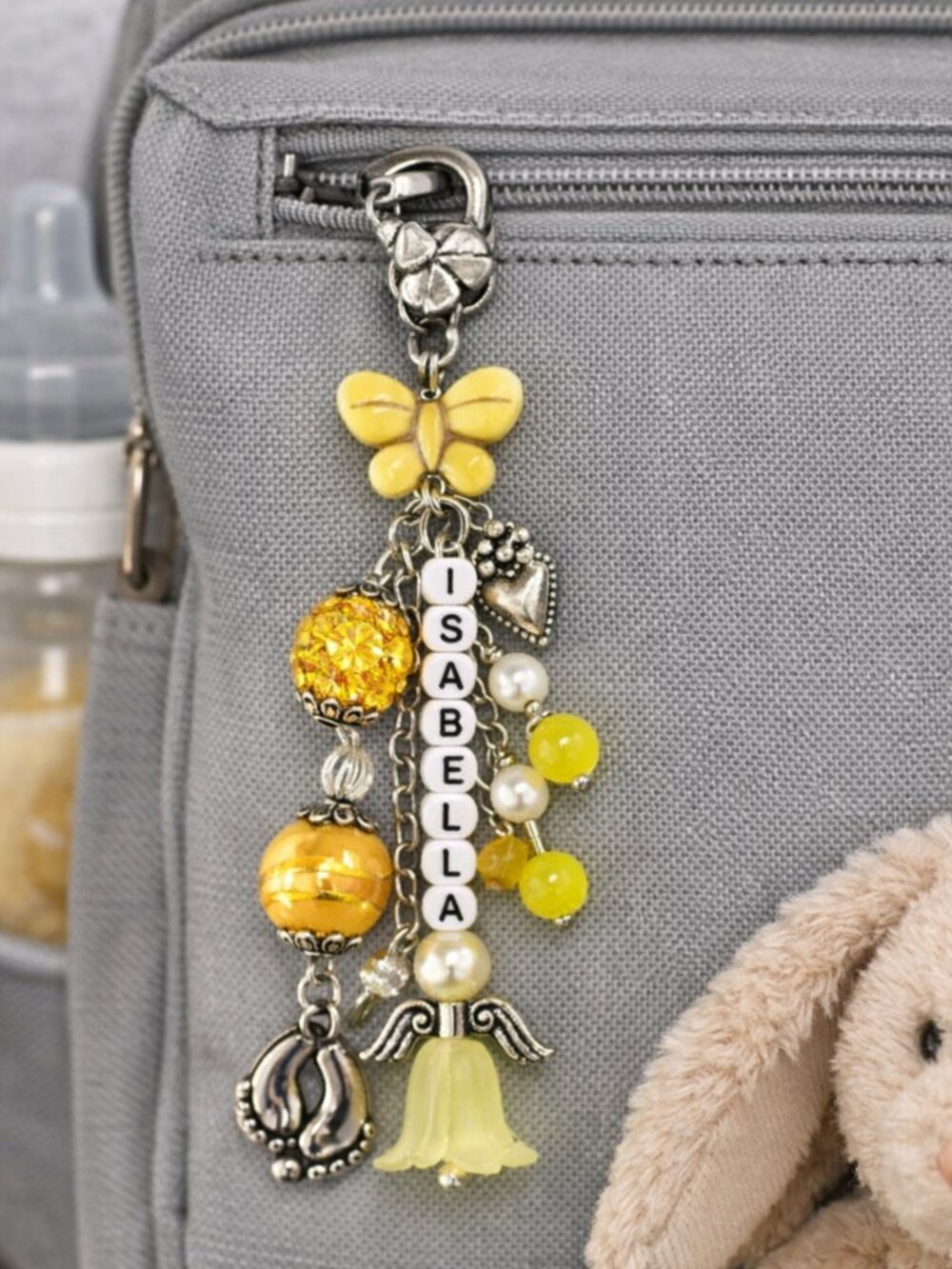 Hand Beaded Angel & Footprint Bag Charm • Personalized New Mom Gift